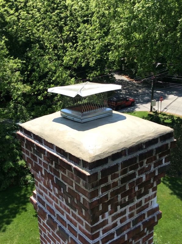 Chimney cap after repair, nice and clean with trees in background.
